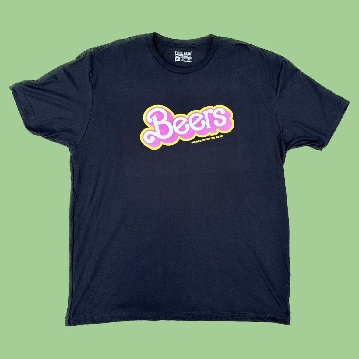 A black t - shirt with the word beers on it in pink and yellow